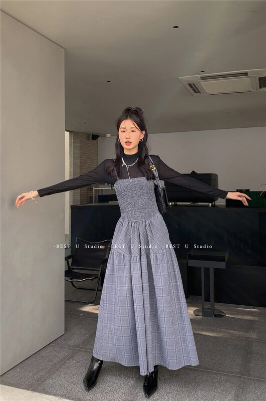 New in autumn! [BEST U] Korean retro plaid dress 60298# LSW