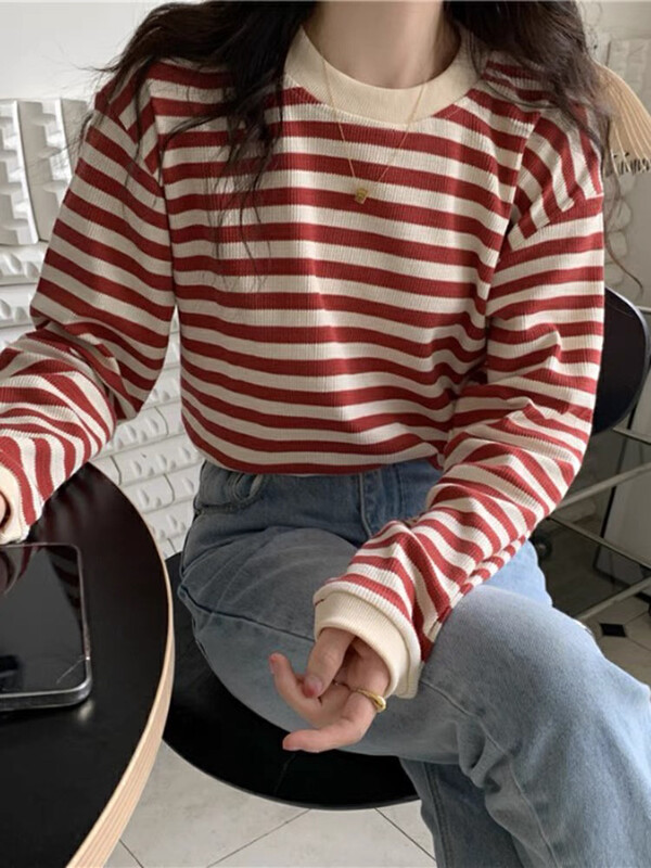 Winter on the new![F · P] Korean Foreign style contrast color stripe joker sweater 0581 # HBX