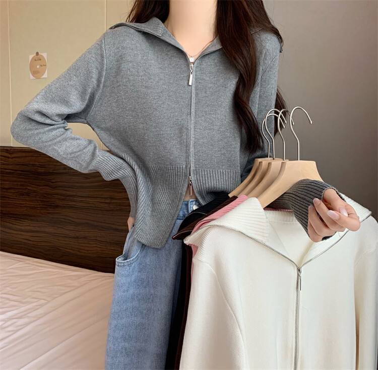 New in autumn!【F·P】Fashionable Western-style large lapel double zipper knitted cardigan 85118# HBX
