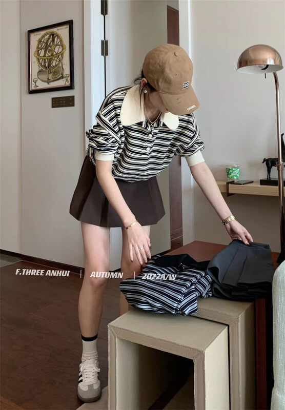 New in autumn! [F.THREE Three Sisters] Age-reducing all-match striped POLO shirt 95513# XJ