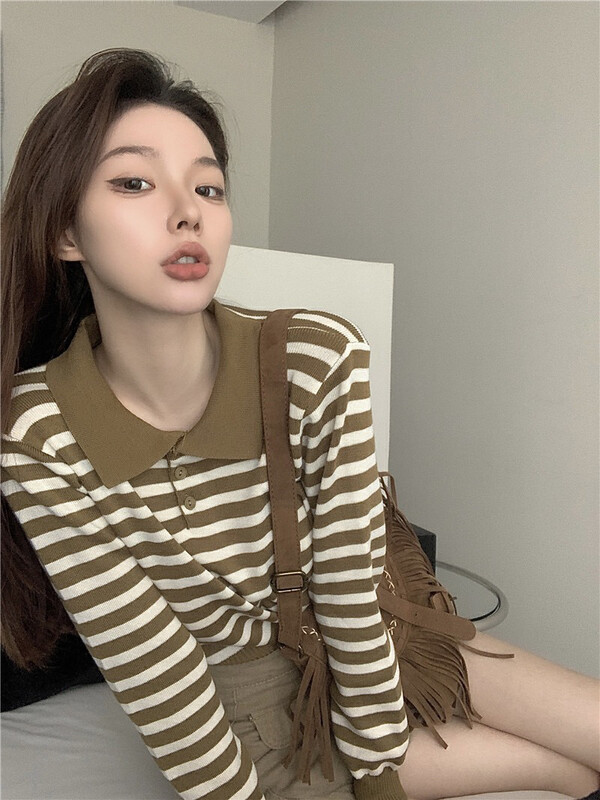 New in autumn! [F·P] Striped Polo Neck Long Sleeve Front Shoulder Knit Sweater 29035# HBX