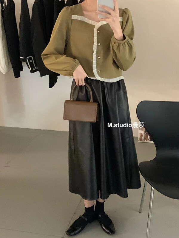 New in autumn! [MSTUDIO Mansha] French retro stitching fungus edge square collar shirt T286# HBX