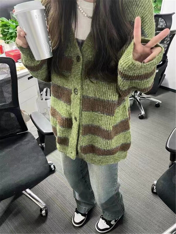 Autumn on the new![C.H.Z] Striped Korean Breasted Cardigan 00736 # WTT