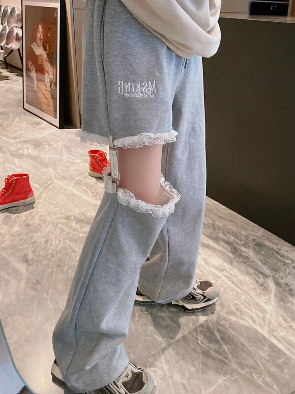 [NANCY] Minority design of American-style hollowed-out lace stitching stylish casual pants D1130 # WPL
