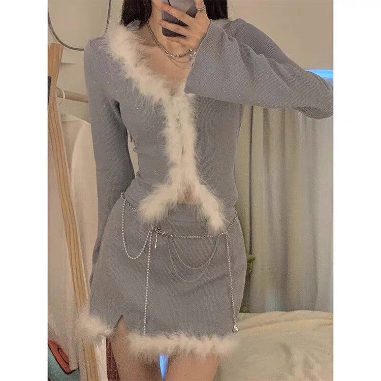 [Flower Xi] Pure Desire Frayed Knit Sweater + Hip Skirt Suit 9868# PCZ