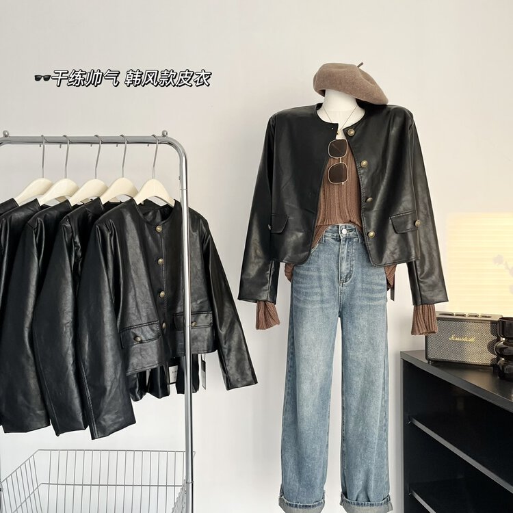 Autumn on the new![Smoke] Korean version of foreign gas single breasted casual leather 0302 # HYY