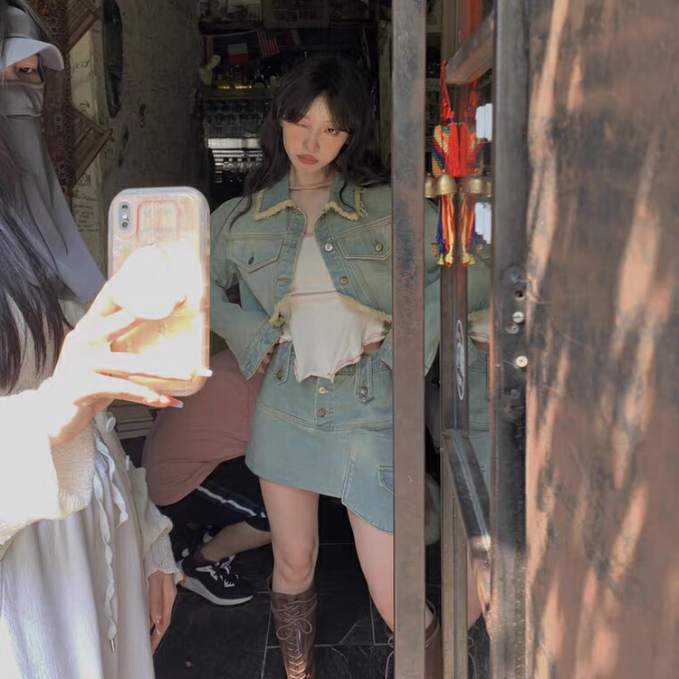 [Ou Zhengsha] Simple denim jacket + slim denim skirt two-piece suit 19120# JJ