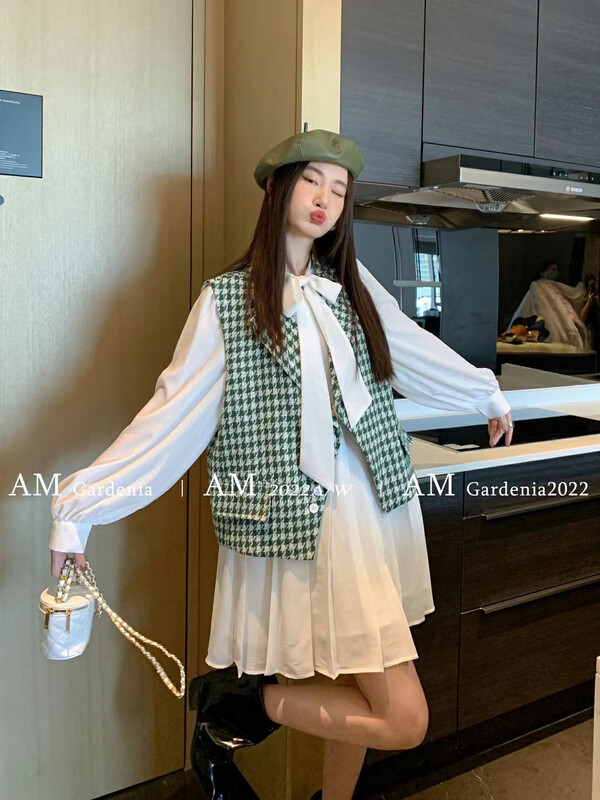 New in early autumn!【AM GARDENIA】Houndstooth vest + solid color dress two-piece suit 1110-1# ZXX