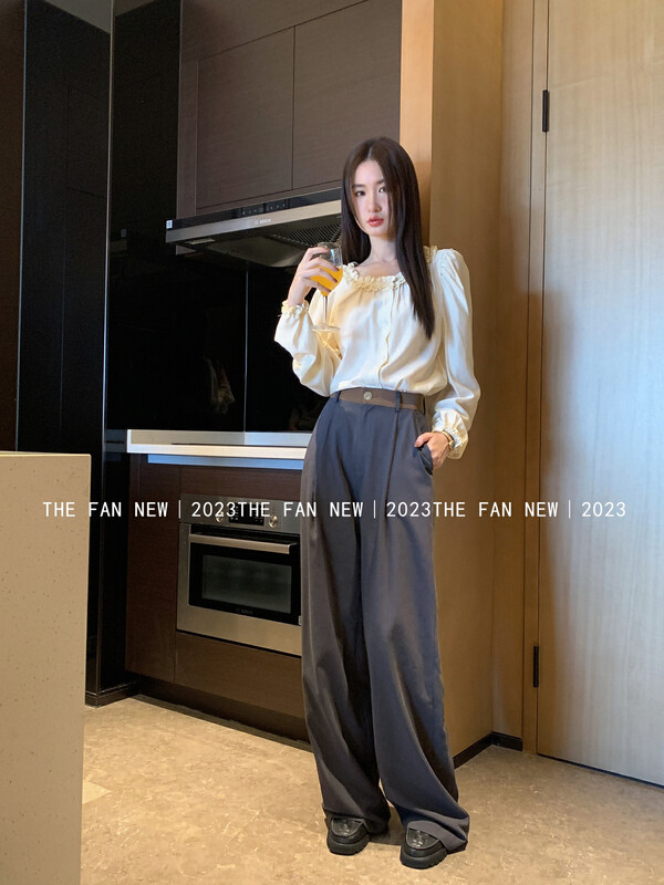 New in early autumn! [THE FAN] Contrast color stitching high waist wide leg mopping casual pants 96902# ZXX