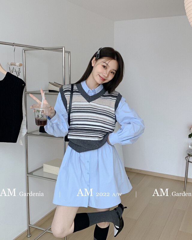 Autumn is new!【AM GARDENIA】Knitted striped vest + shirt-style slim dress suit 1283# ZXX