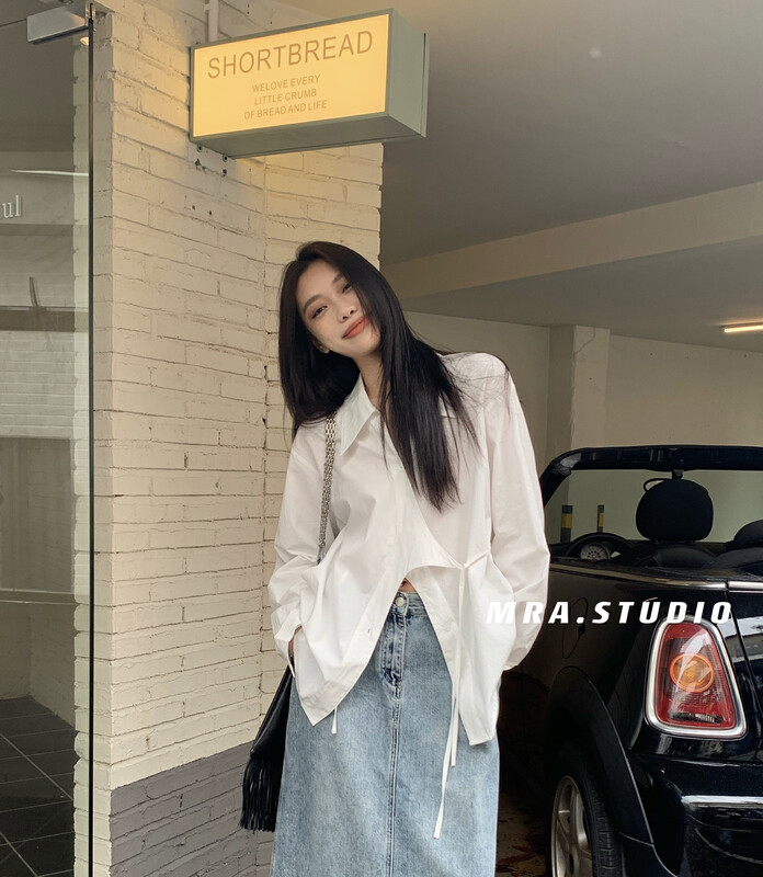 [MRA] Design oblique button irregular loose large shirt without shawl XT5081