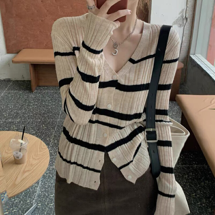 Early autumn on the new![F · P] Korean striped slim knit cardigan (including 6% wool) w025 # HBX