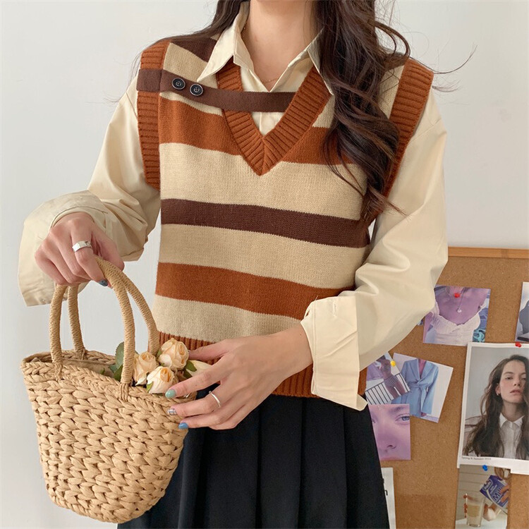 【F·P】College V-Neck Contrast Stripe Sweater Vest 9771# HBX