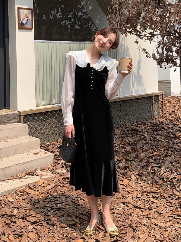 Autumn is new!【NEW OPEN】French ladies style lotus leaf collar velvet dress JL80578# ZXX
