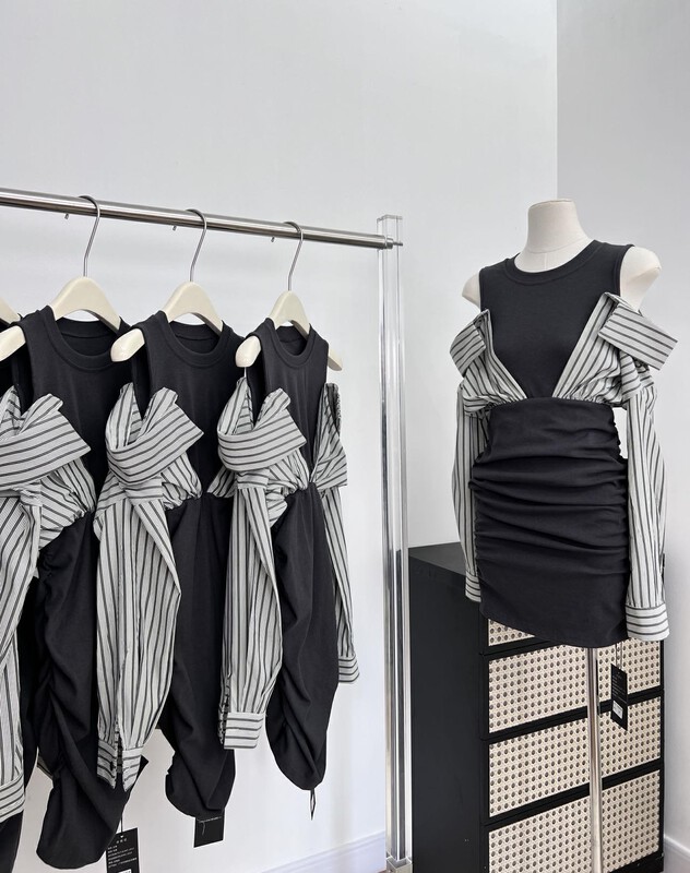 New in autumn! [Yi Kaoru] Fake two-piece design striped shawl dress 0309# HYY
