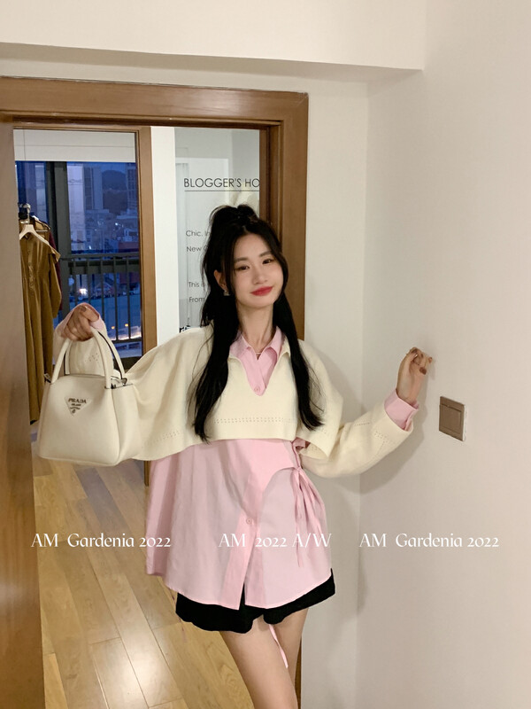 New in early autumn!【AM GARDENIA】Korean short knitted sweater + striped shirt dress suit 1203-1# ZXX