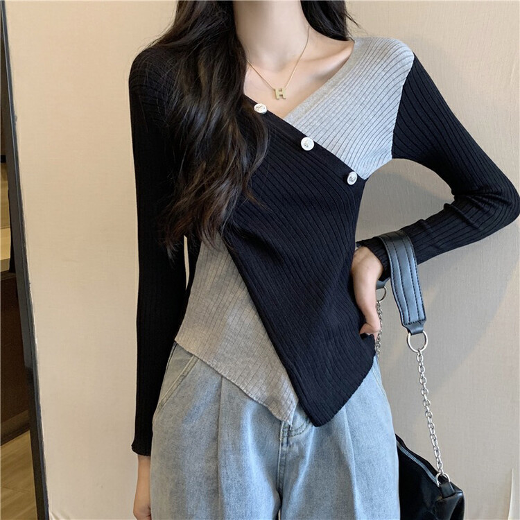 Autumn on the new![F · P] socialite temperament V neck cross breasted skinny sweater 23220 # HBX