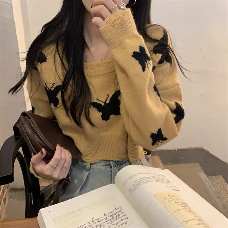 New in autumn! [F·P] Design butterfly jacquard hole short warm sweater J70FP# HBX
