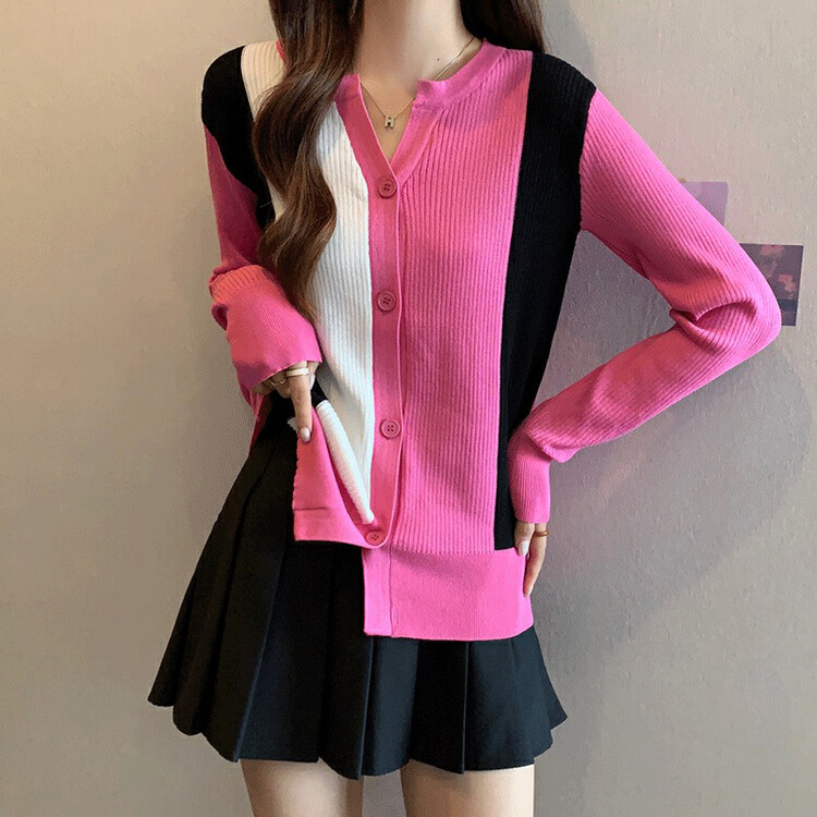 Autumn on the new![F · P] Color patchwork round collar single breasted Cardigan M3012 # HBX