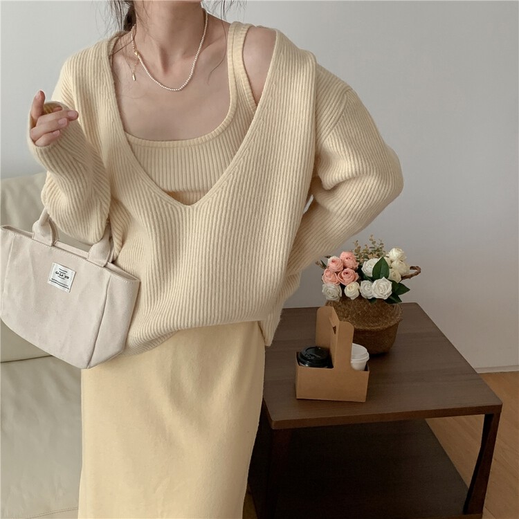 [Smosmoked] Simple knit cardigan + versatile vest two sets 0374 # HYY