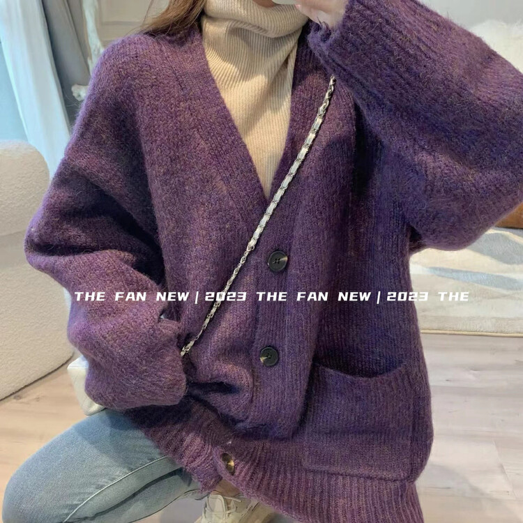 【THE FAN】Fashion Lazy V-neck Large Mohair Knit Cardigan 502966# ZXX