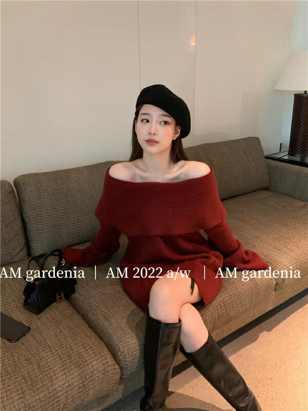 秋款上新!【AM GARDENIA】小眾純色套頭一字肩連衣裙  8118#  ZXX