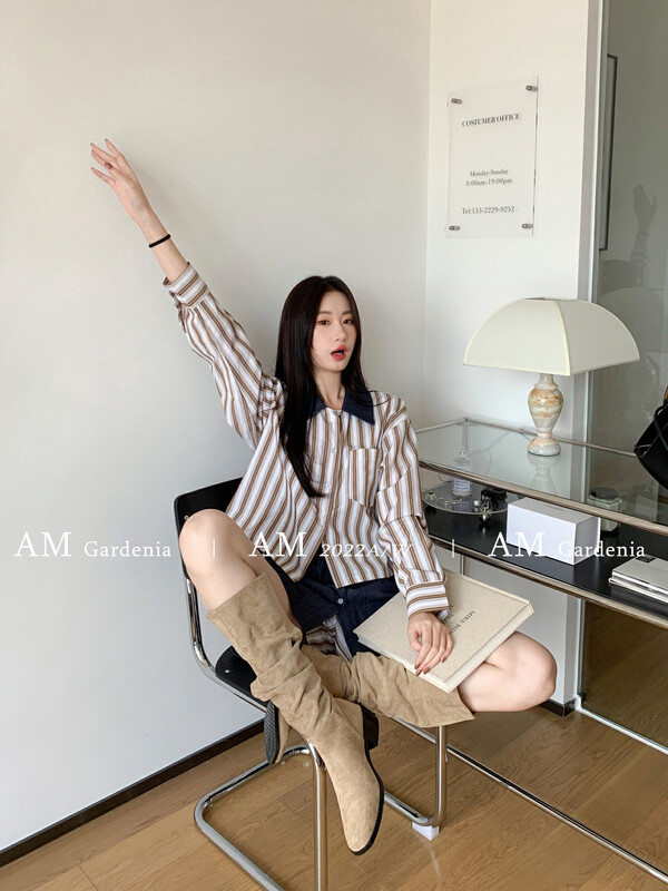 New in early autumn! [AM GARDENIA] Vertical strip thin shirt top + denim stitching skirt suit 1195-1# ZXX