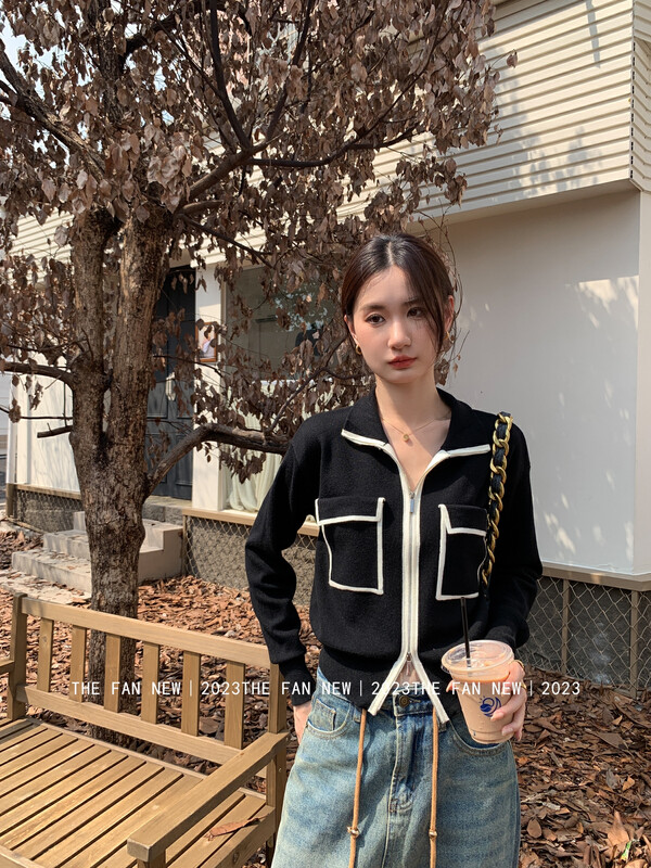 New in autumn!【THE FAN】Fashionable double zipper head contrast color warm sweater 502685# ZXX