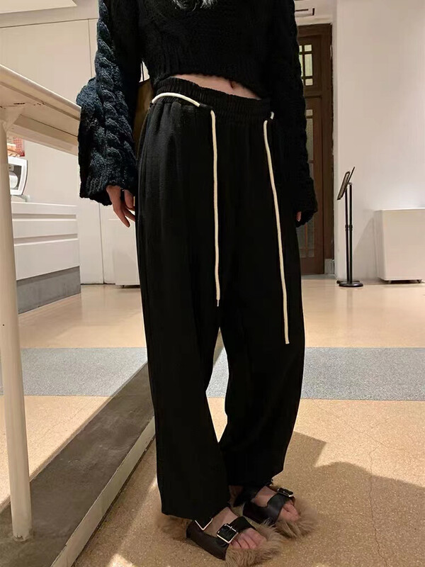 [THE FAN] Drawstring elastic waist wide leg casual pants (with waist rope) 509838# ZXX
