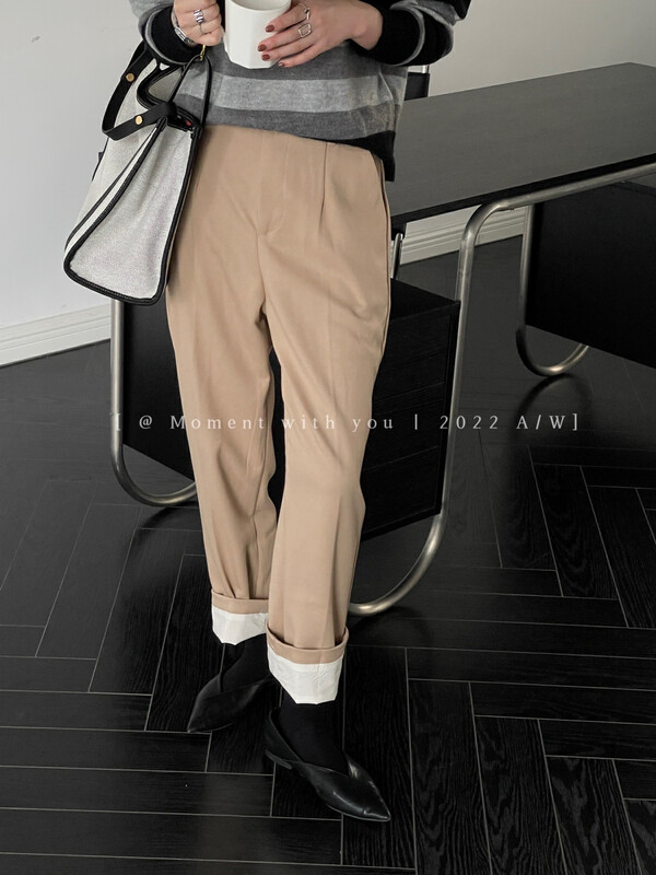 Autumn is new!【MOMENT WITH YOU】Contrast color flanging straight high waist slim all-match casual pants T0215-J# LSW