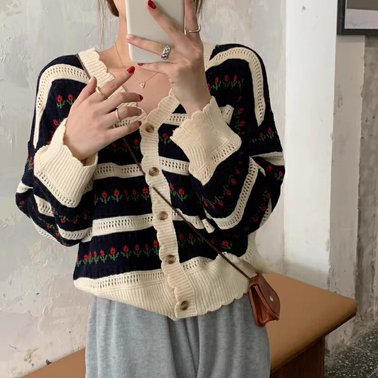 New in autumn! [F·P] Fashionable V-neck striped jacquard hollow warm sweater 19043# HBX