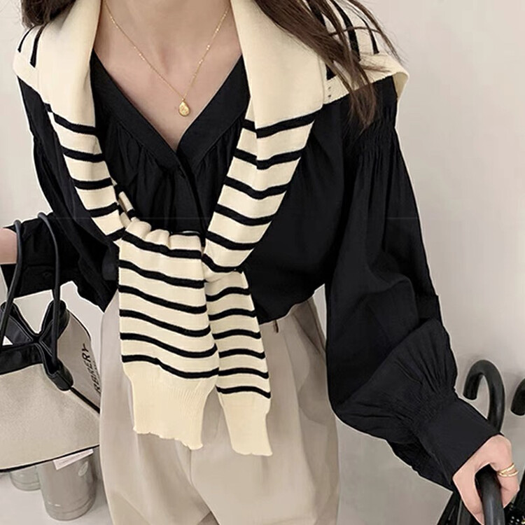 [F · P] Fashionable ocean stripe knitted long sleeve shawl 98098 # HBX