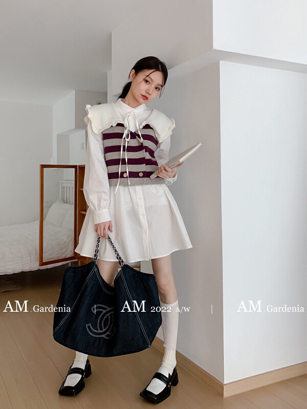 Autumn New!【AM GARDENIA】Doll Collar Double Breasted Striped Vest + Shirt Dress Set 6178-1# ZXX
