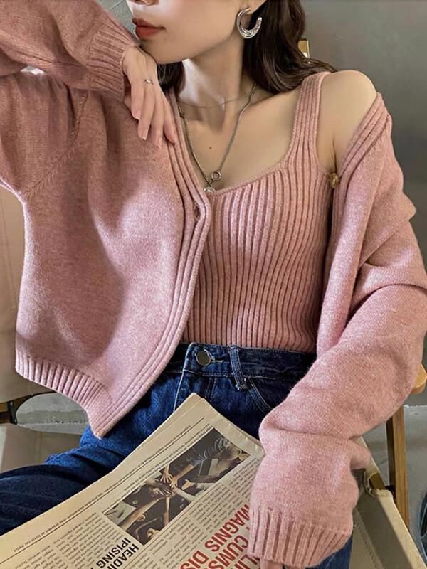 Autumn is new! [F·P] Simple and versatile camisole + Hong Kong style soft and waxy breasted sweater suit G008FP# HBX