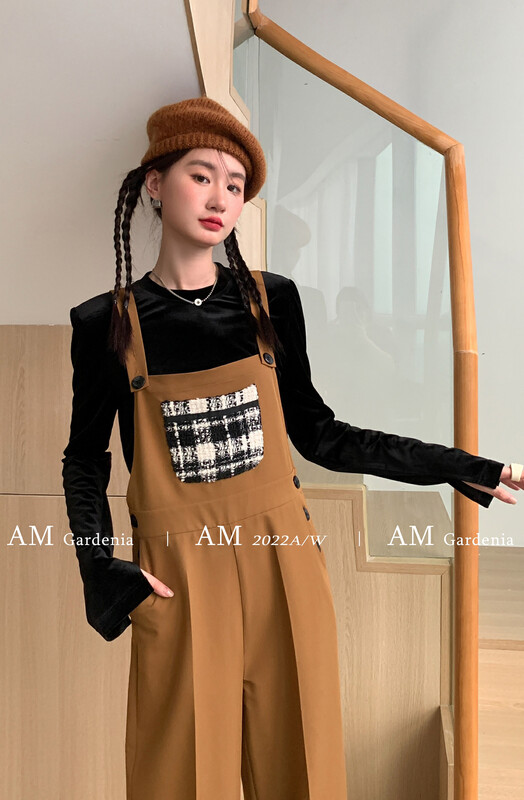 【AM GARDENIA】Solid color texture top + stitching check overalls two-piece suit 1288-1# ZXX