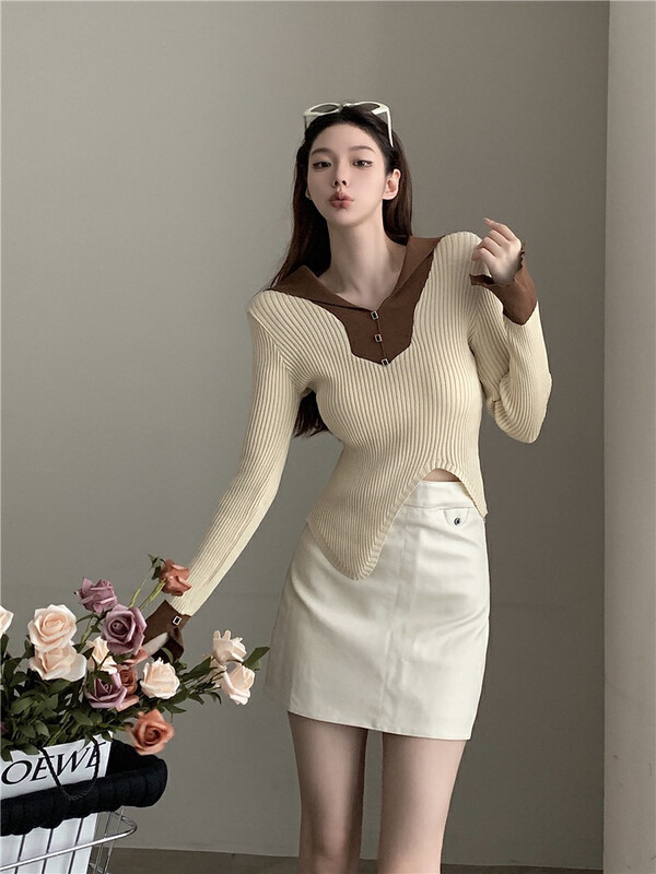 New in autumn! [F·P] Irregular V-neck slimming sweater A419# HBX