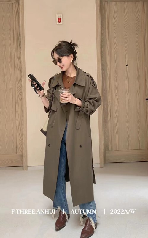 New in early autumn! 4 [F.THREE three sisters] Korean simple and atmospheric double-breasted long windbreaker (with belt, cuff) 95289# XJ