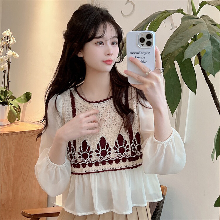Early autumn on the new![F · P] Sweet and chic hollow-out hook flower small shirt 11508 # HBX