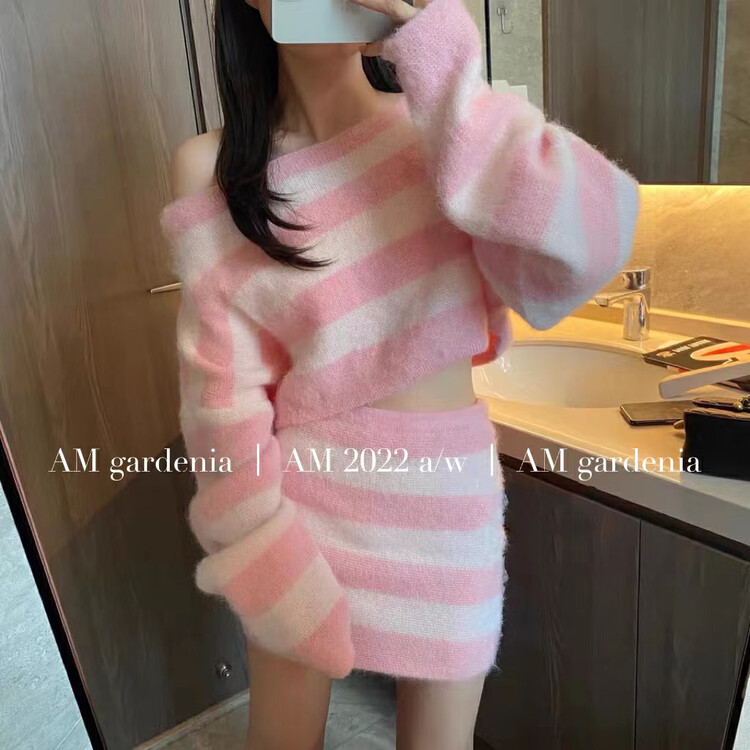Autumn is new!【AM GARDENIA】Striped waist short sweater + hip skirt suit 8126-1# ZXX