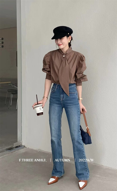 New in early autumn! 4 [F.THREE three sisters] commuter style puff sleeve pearl button shirt 87518# XJ