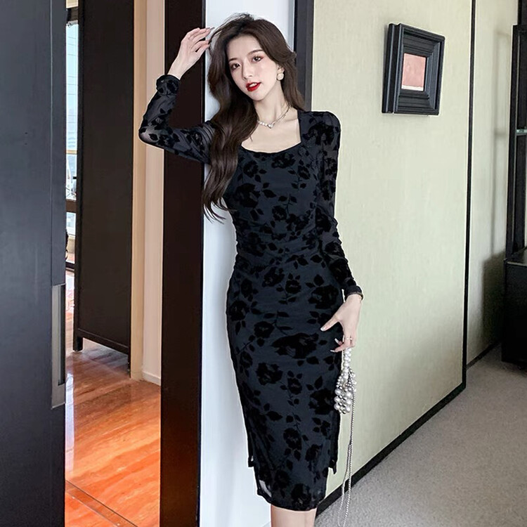 [Huaxi] Square collar slim show slim velvet dress 9856 # PCZ