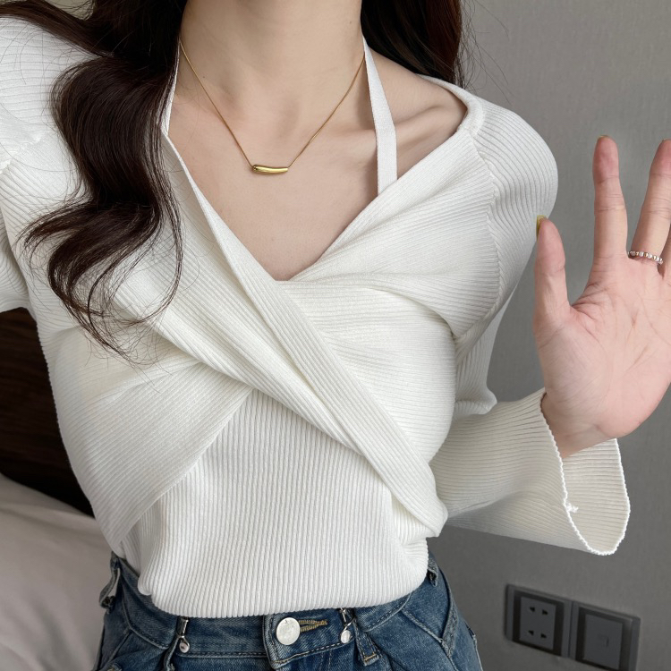 【F·P】Pure Desire Chic Neckline Halter Fake Two-Piece Long Sleeve Knit Sweater U033# HBX