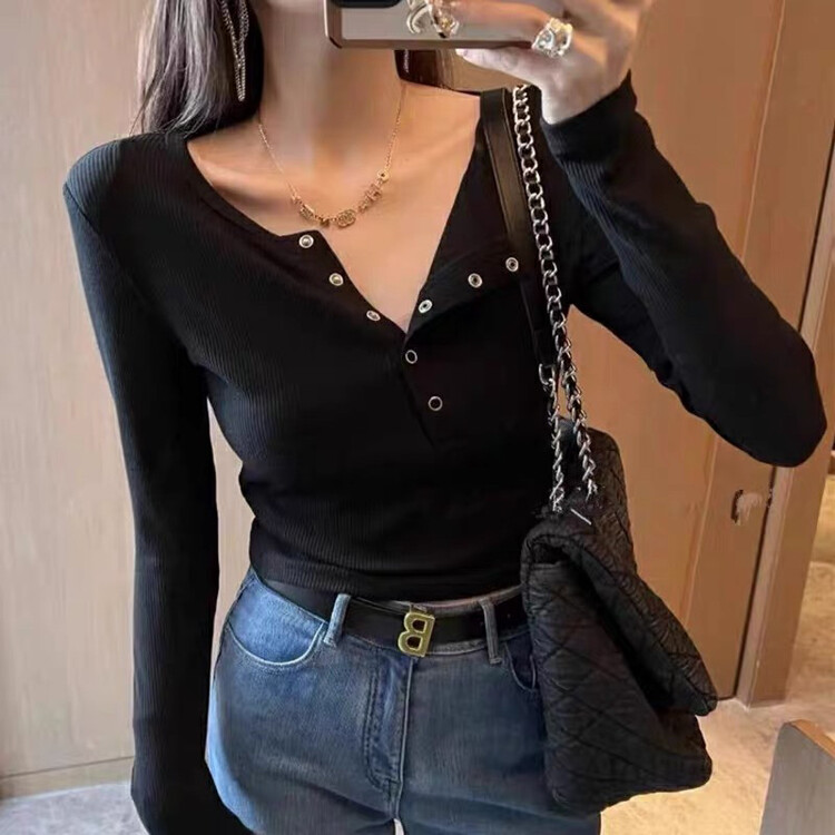 New in autumn! [Flower Xi] Long-sleeved knitted sweater with diagonal collar and snap button design 9816# PCZ