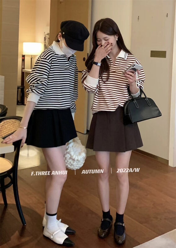 New in autumn! [F.THREE Three Sisters] Age-reducing all-match striped Polo collar sweater 87529# XJ