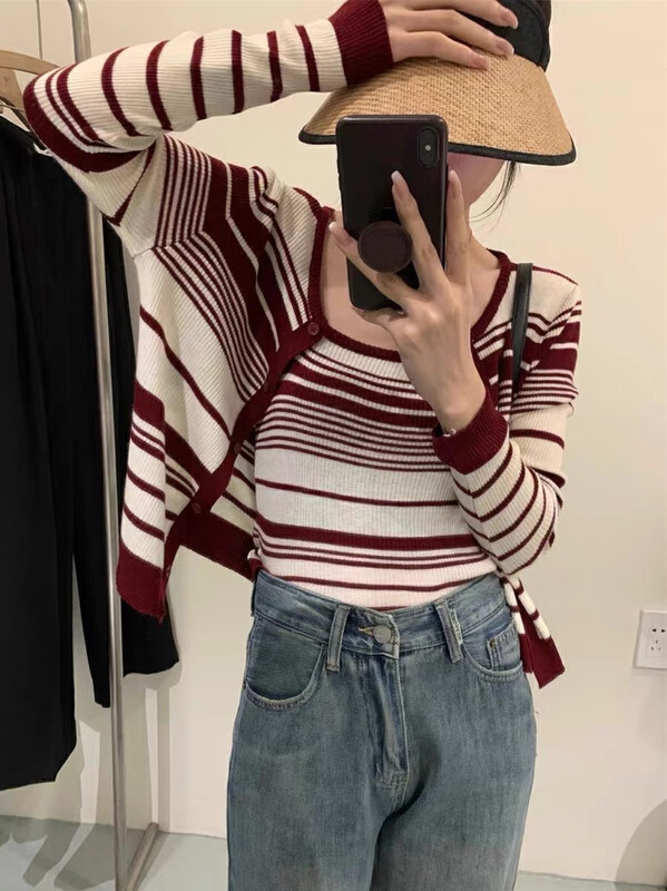 New in autumn!【F·P】Striped Korean long-sleeved knitted cardigan 6A79# HBX