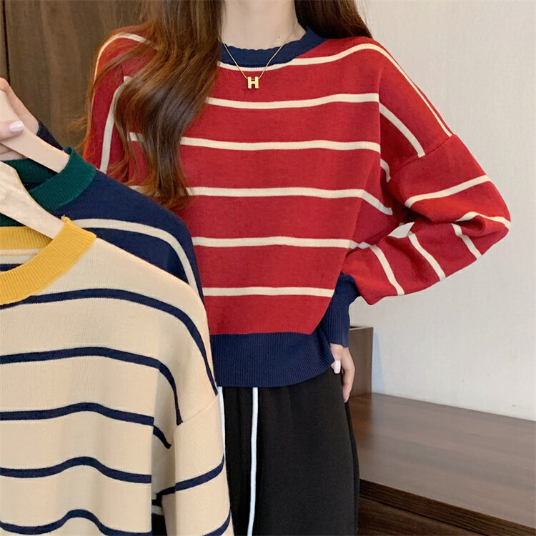 Autumn is new! [F·P] Round neck contrast color striped loose knitted sweater 2693# HBX
