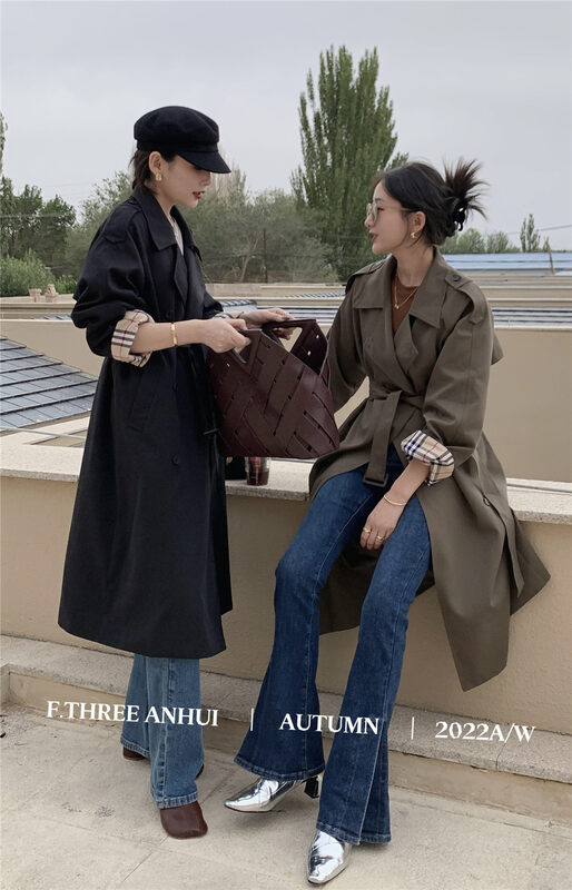 Hot style recommendation [F.THREE three sisters] British wind cuff patchwork color style long windbreaker (with a belt) 95382 # XJ