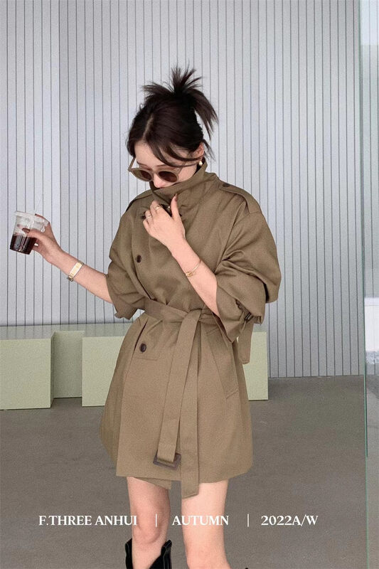 New in early autumn! [F.THREE three sisters] stand-up collar high-end double-breasted trench coat (with belt, cuff) 95331# XJ