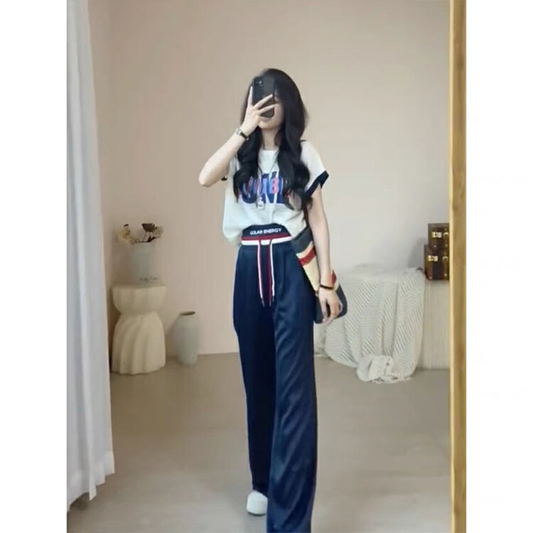 Autumn models are new! [Ou Zhengsha] Covering the flesh and showing thin short-sleeved T-shirt + wide-leg elastic waist casual pants suit 18958TZ# JJ