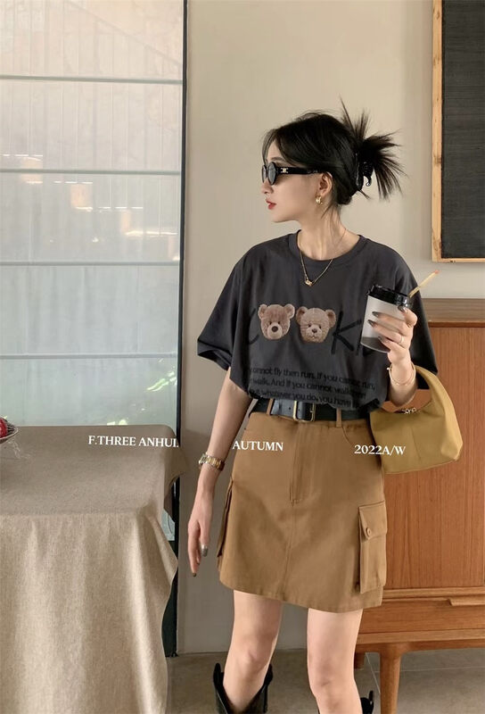 Early autumn on the new!4[F.THREE Three Sisters] Casual Biker Bear Short Sleeve T-Shirt 95352 # XJ